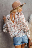 Multi-color Wrap V Neck Lantern Sleeve Floral Print Drape Blouse
