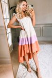 High Low Tiered Colorblock Square Collar Midi Dress