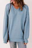 Sky Blue V Neck Drop Shoulder Sweatshirt with Pocket