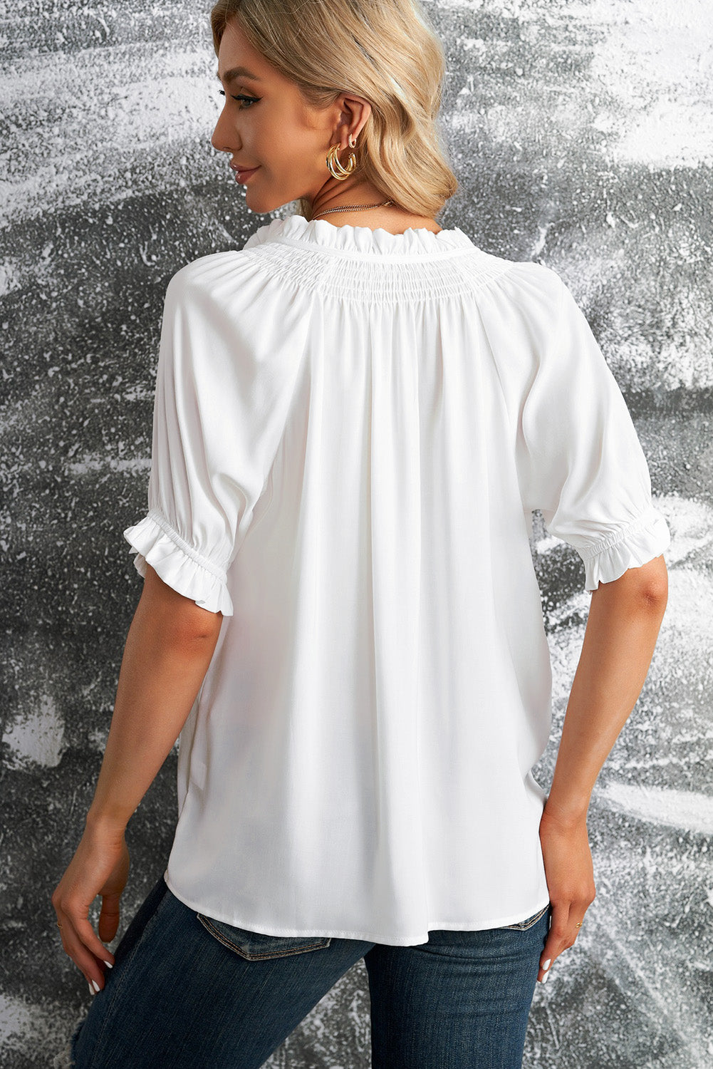 Split Frill Neck Puff Sleeve Blouse