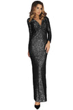 Long Sleeve V Neck Twist Ruched Sequin Prom Maxi Dress