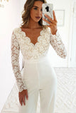 Scalloped V Neck Long Sleeve Lace Bodice High Waist Jumpsuit