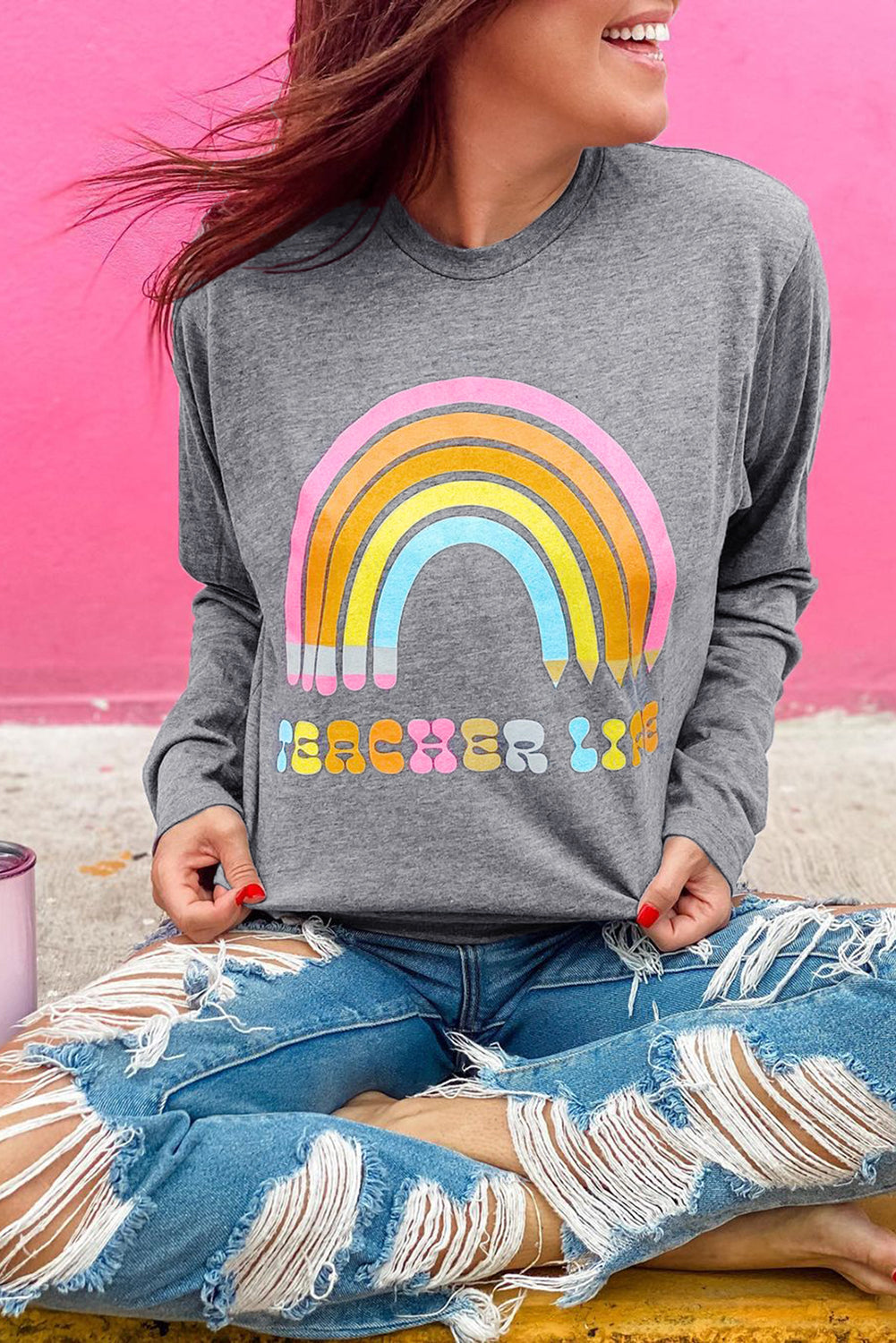 Rainbow Letter Print Crew Neck Graphic Sweatshirt