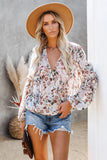 Multi-color Wrap V Neck Lantern Sleeve Floral Print Drape Blouse