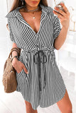 Striped Pocket Button Drawstring Tab-Sleeve V-Neck Mini Dress