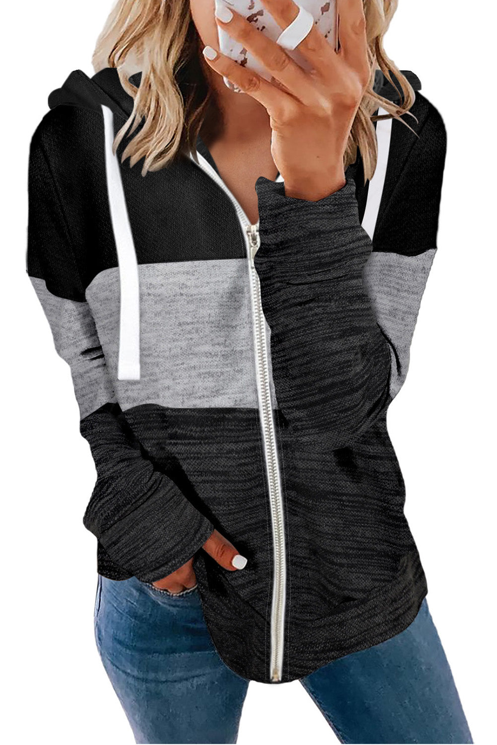 Colorblock Zip Front Hooded Coat