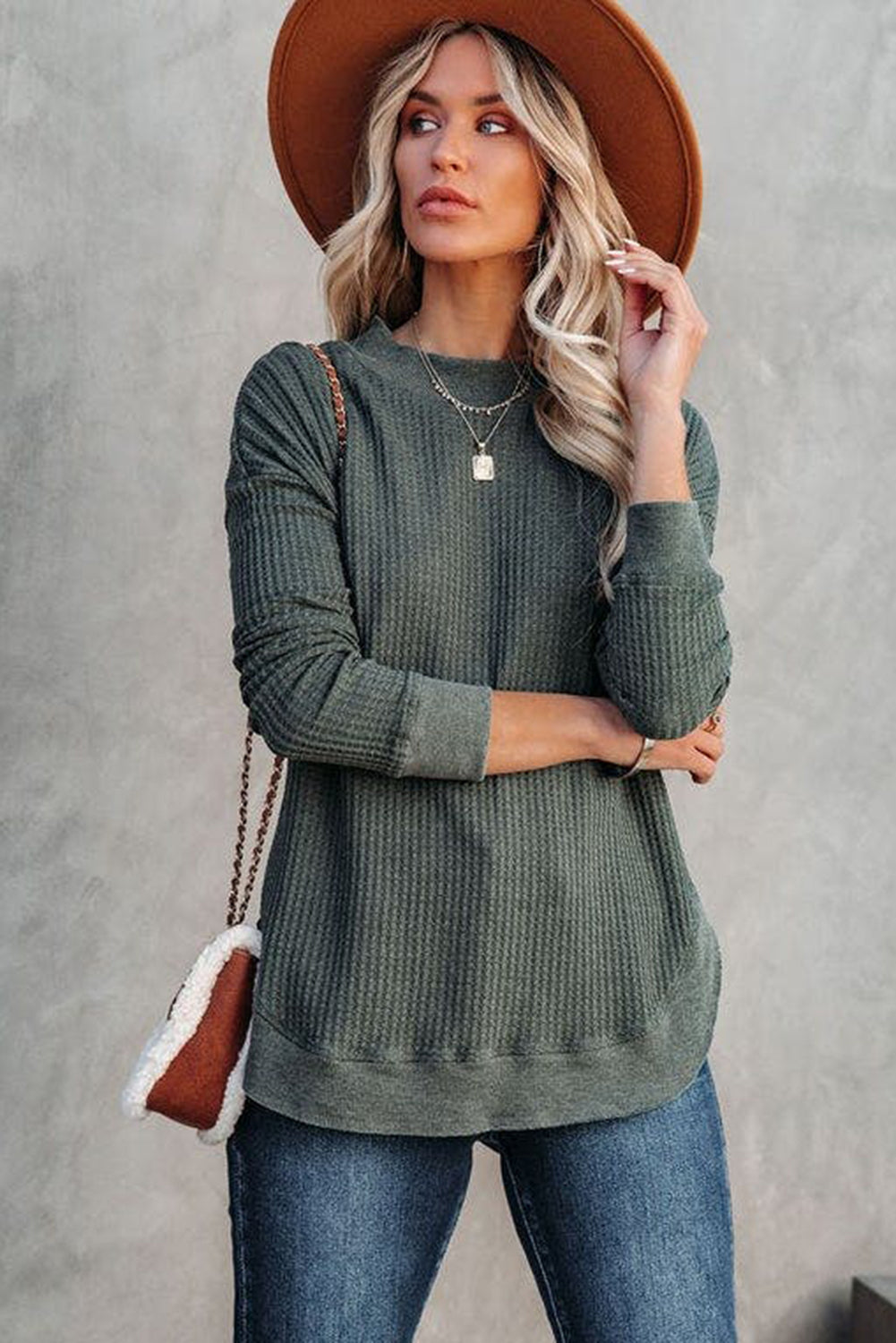 Crew Neck Ribbed Trim Waffle Knit Top