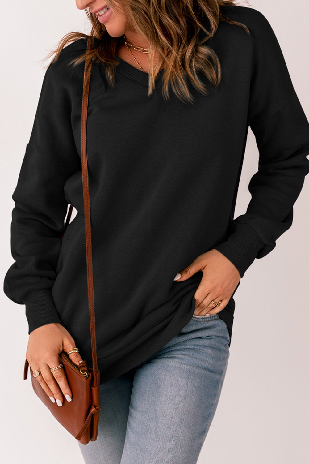 V Neck Drop Shoulder Sweatshirt with Pocket