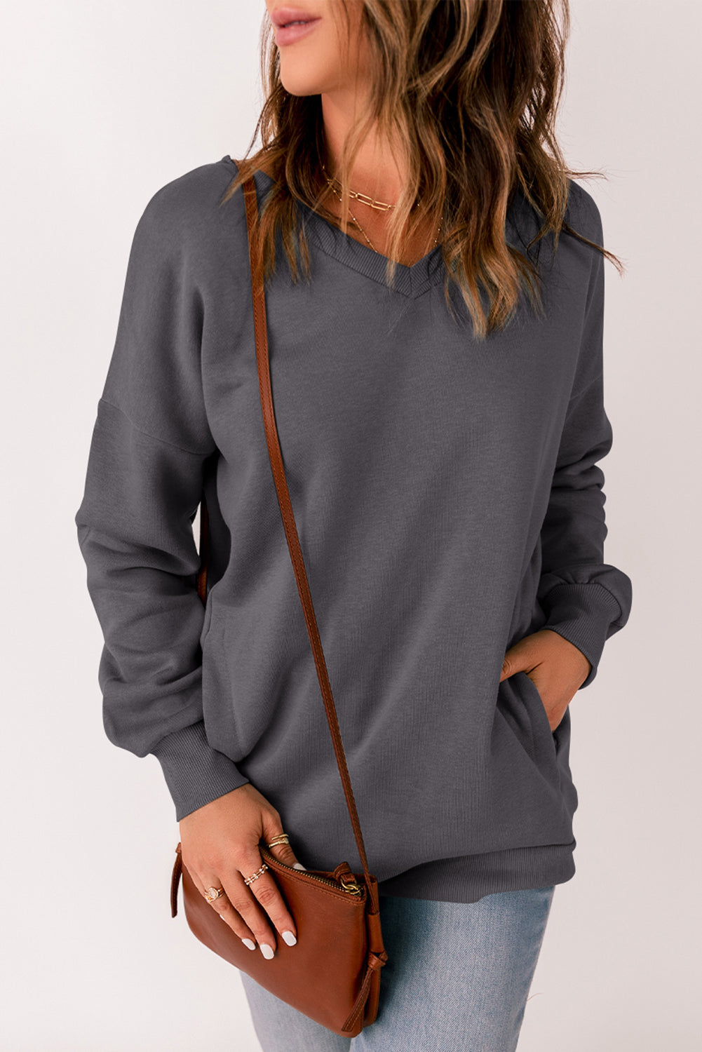 Ribbed V Neck Drop Shoulder Sweatshirt
