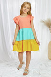 Ruffled Sleeve Colorblock Kid Dress