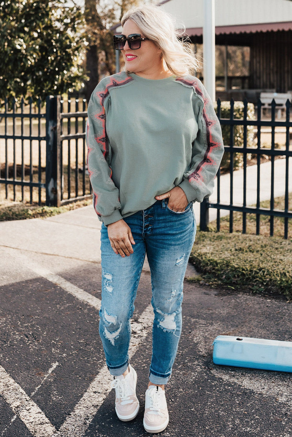 Plus Size Embroidered Patchwork Long Sleeve Sweatshirt
