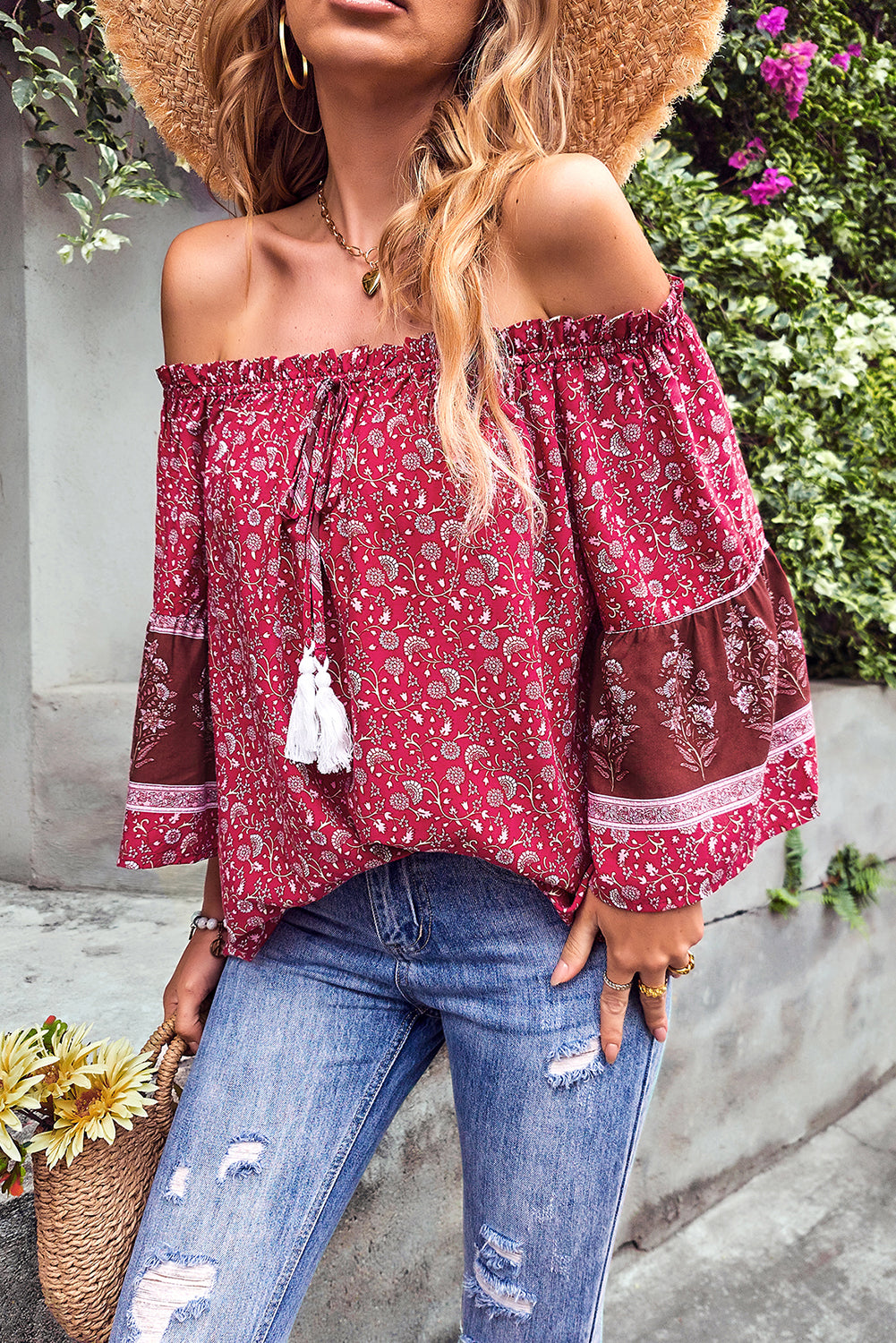 Red Boho Off-shoulder Floral Print Blouse