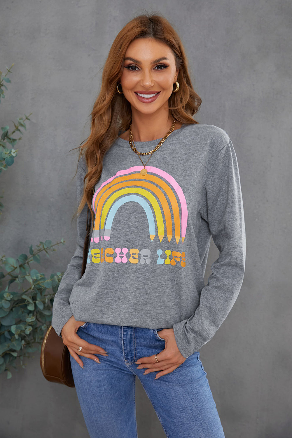 Rainbow Letter Print Crew Neck Graphic Sweatshirt