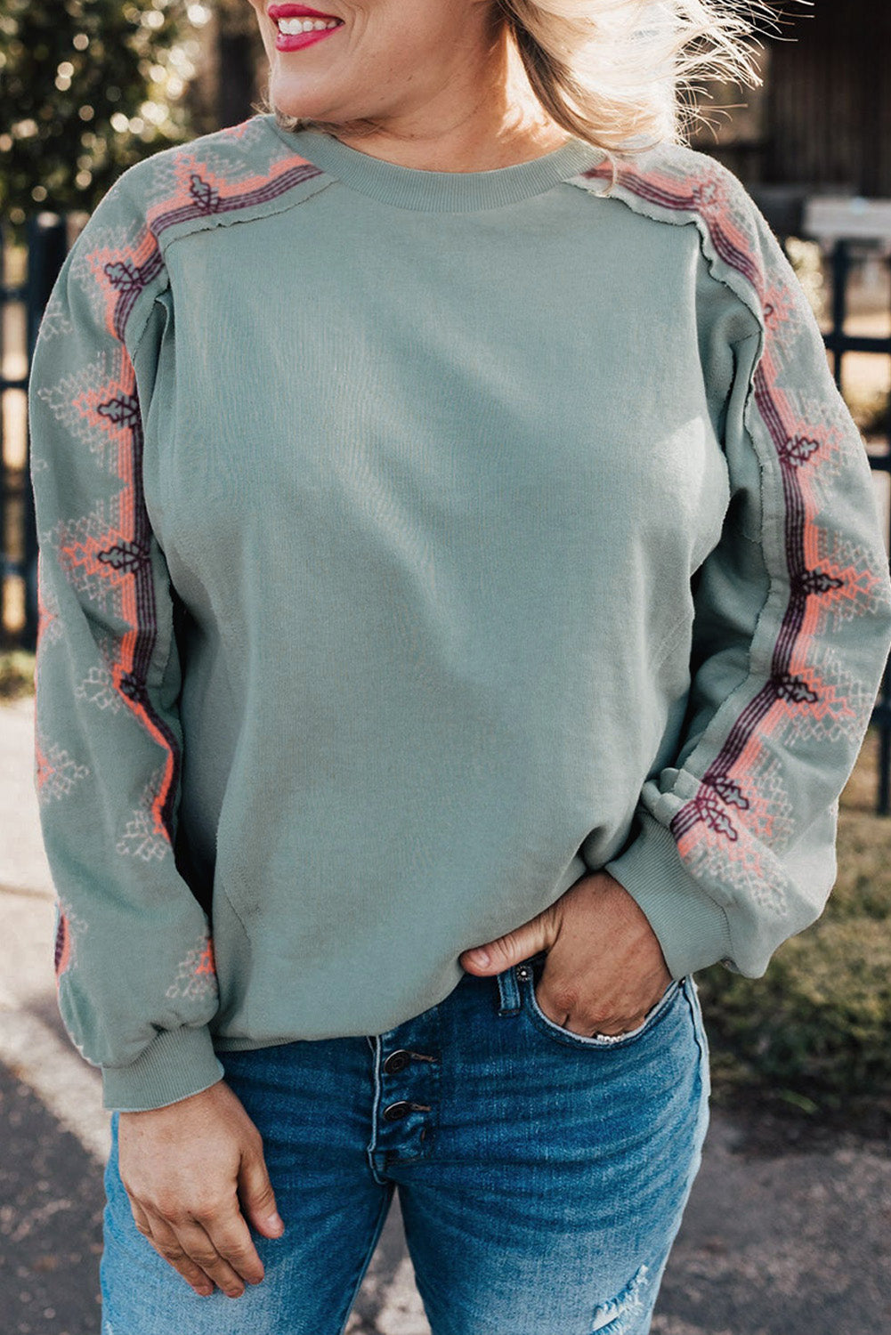 Sky Blue Plus Size Embroidered Patchwork Long Sleeve Sweatshirt