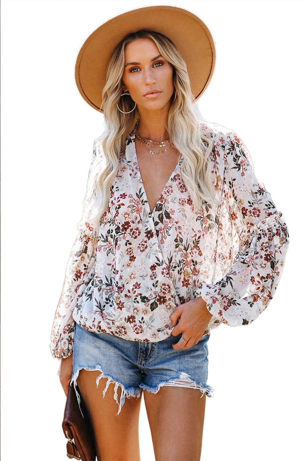 Multi-color Wrap V Neck Lantern Sleeve Floral Print Drape Blouse
