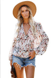 Multi-color Wrap V Neck Lantern Sleeve Floral Print Drape Blouse