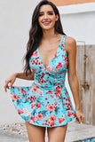 Floral Print Deep V Neck Swimdress with Panty
