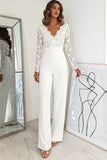 Scalloped V Neck Long Sleeve Lace Bodice High Waist Jumpsuit