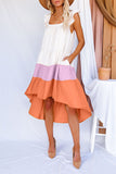 High Low Tiered Colorblock Square Collar Midi Dress