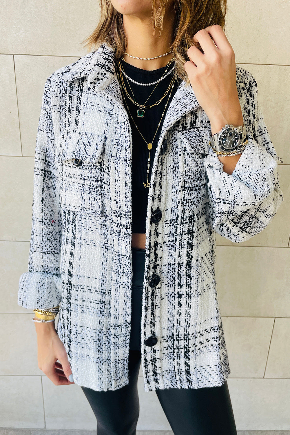 Plaid Print Pocketed Shirt Jacket