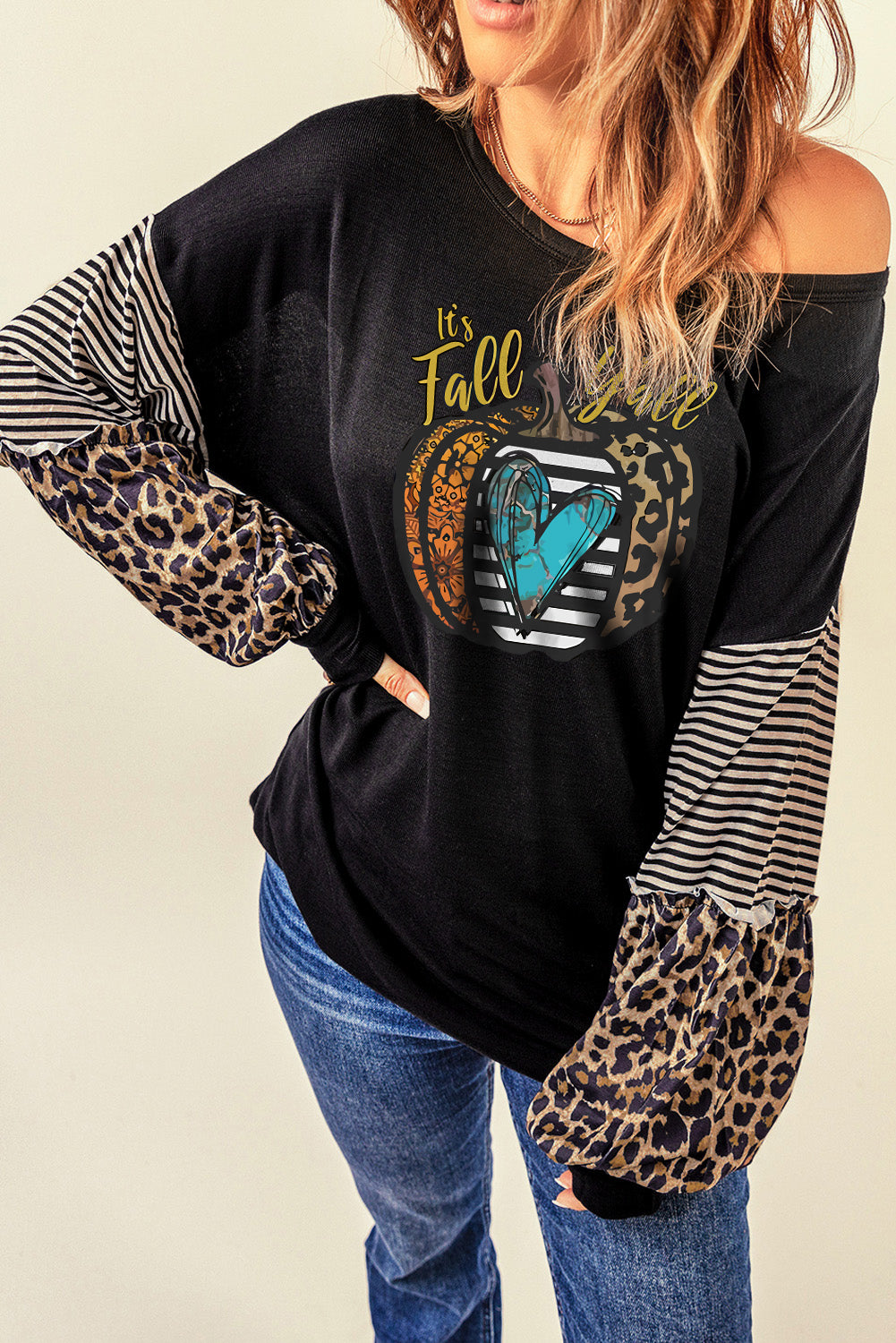 Fall Pumpkin Graphic Leopard Striped Sleeve Top