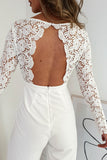 Scalloped V Neck Long Sleeve Lace Bodice High Waist Jumpsuit