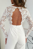 Scalloped V Neck Long Sleeve Lace Bodice High Waist Jumpsuit