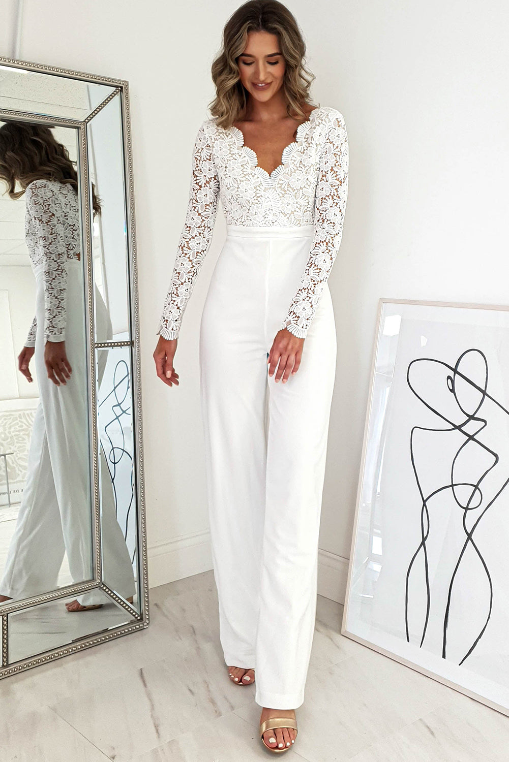 White Scalloped V Neck Long Sleeve Lace Bodice High Waist Jumpsuit