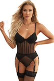Lace Mesh Patchwork Back Hollow-out Teddy with Garter Belt