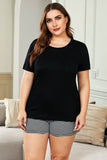 Plus Size Solid T-shirt and Striped Shorts Lounging Set
