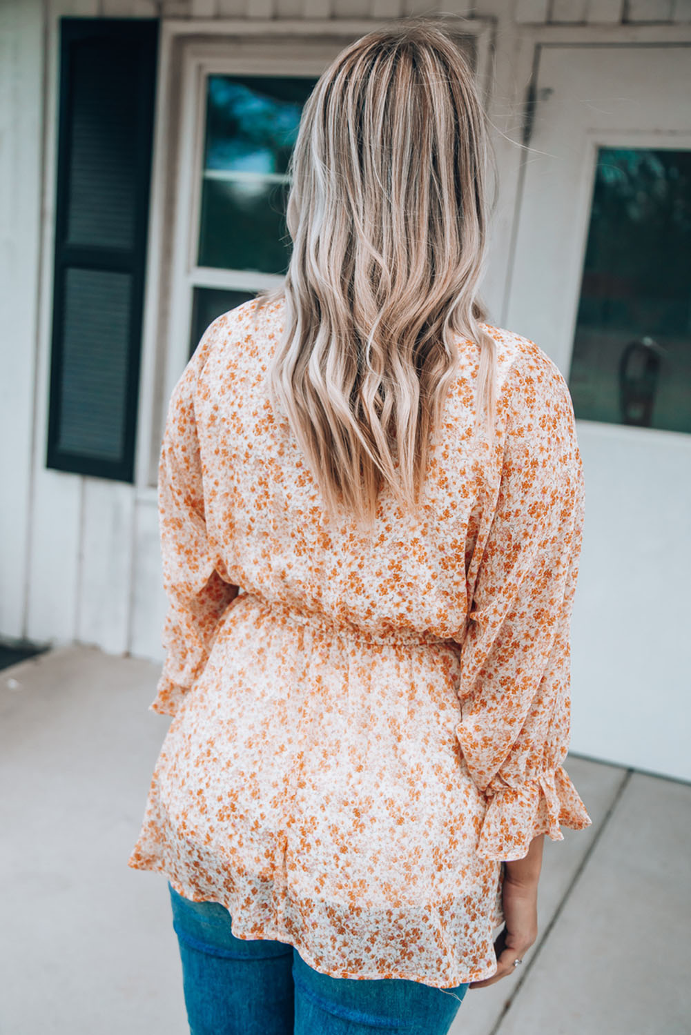 Floral Print V Neck Ruched Babydoll Blouse