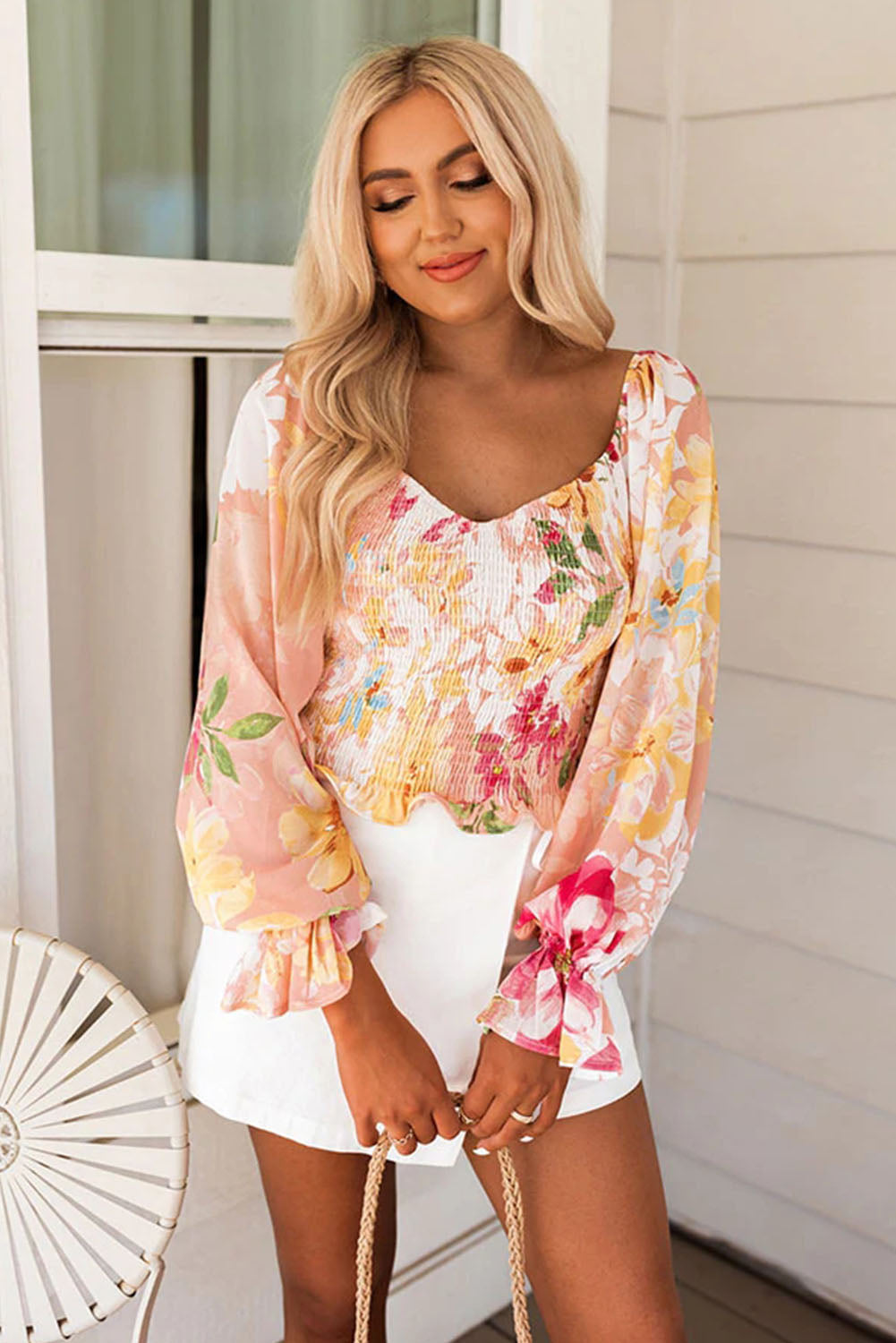 V Neck Bishop Sleeves Floral Smocked Top