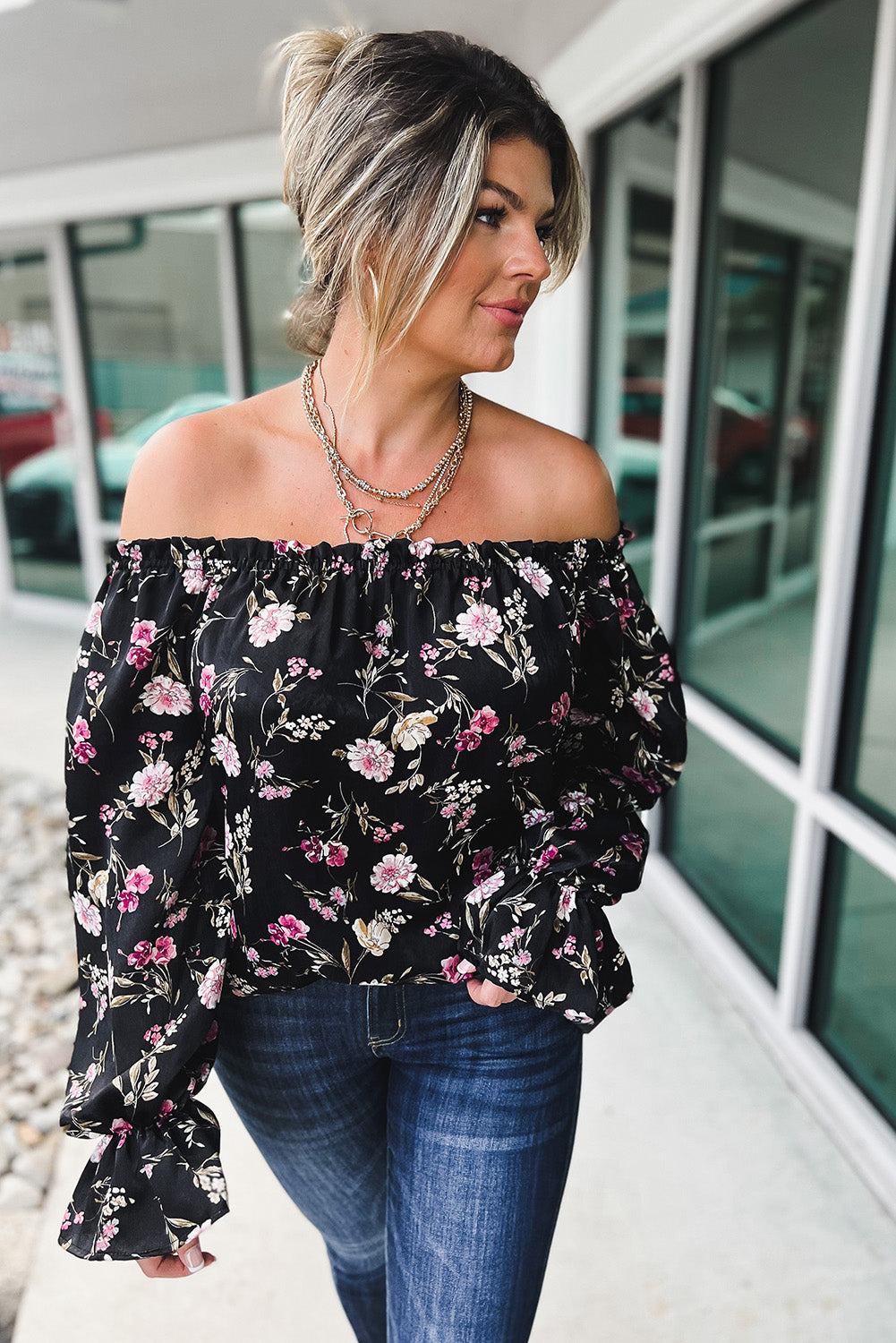 Floral Off Shoulder Plus Size Top