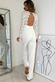 Scalloped V Neck Long Sleeve Lace Bodice High Waist Jumpsuit