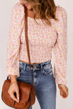Pink Square Neck Puff Sleeve Floral Smocked Top