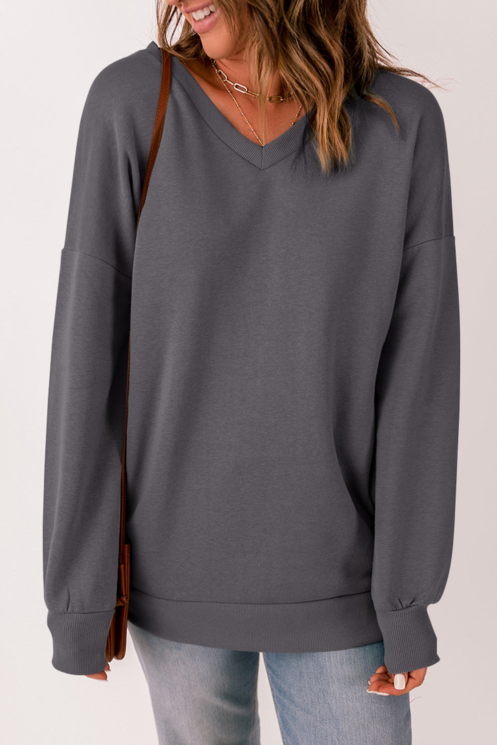 Ribbed V Neck Drop Shoulder Sweatshirt