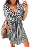 Striped Pocket Button Drawstring Tab-Sleeve V-Neck Mini Dress