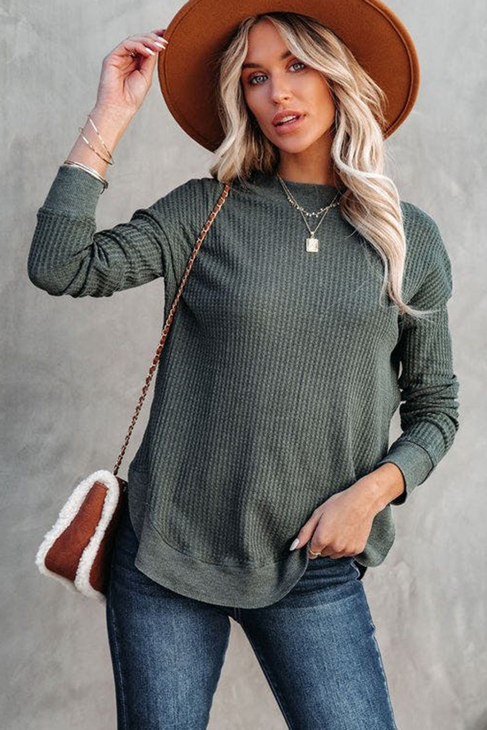 Crew Neck Ribbed Trim Waffle Knit Top