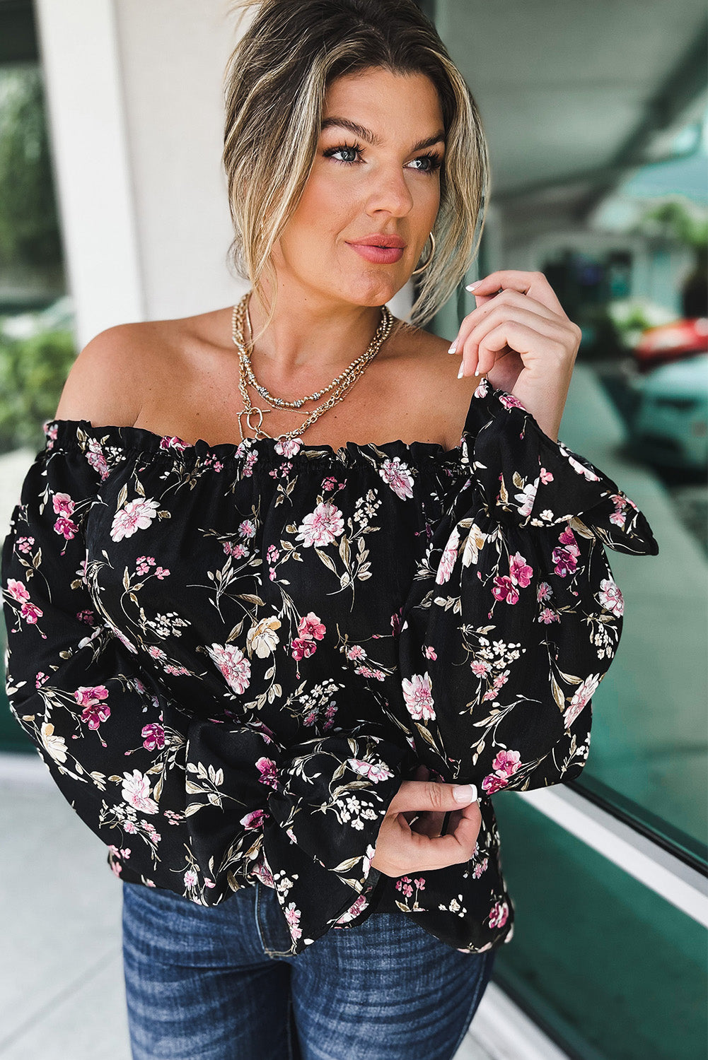 Floral Off Shoulder Plus Size Top