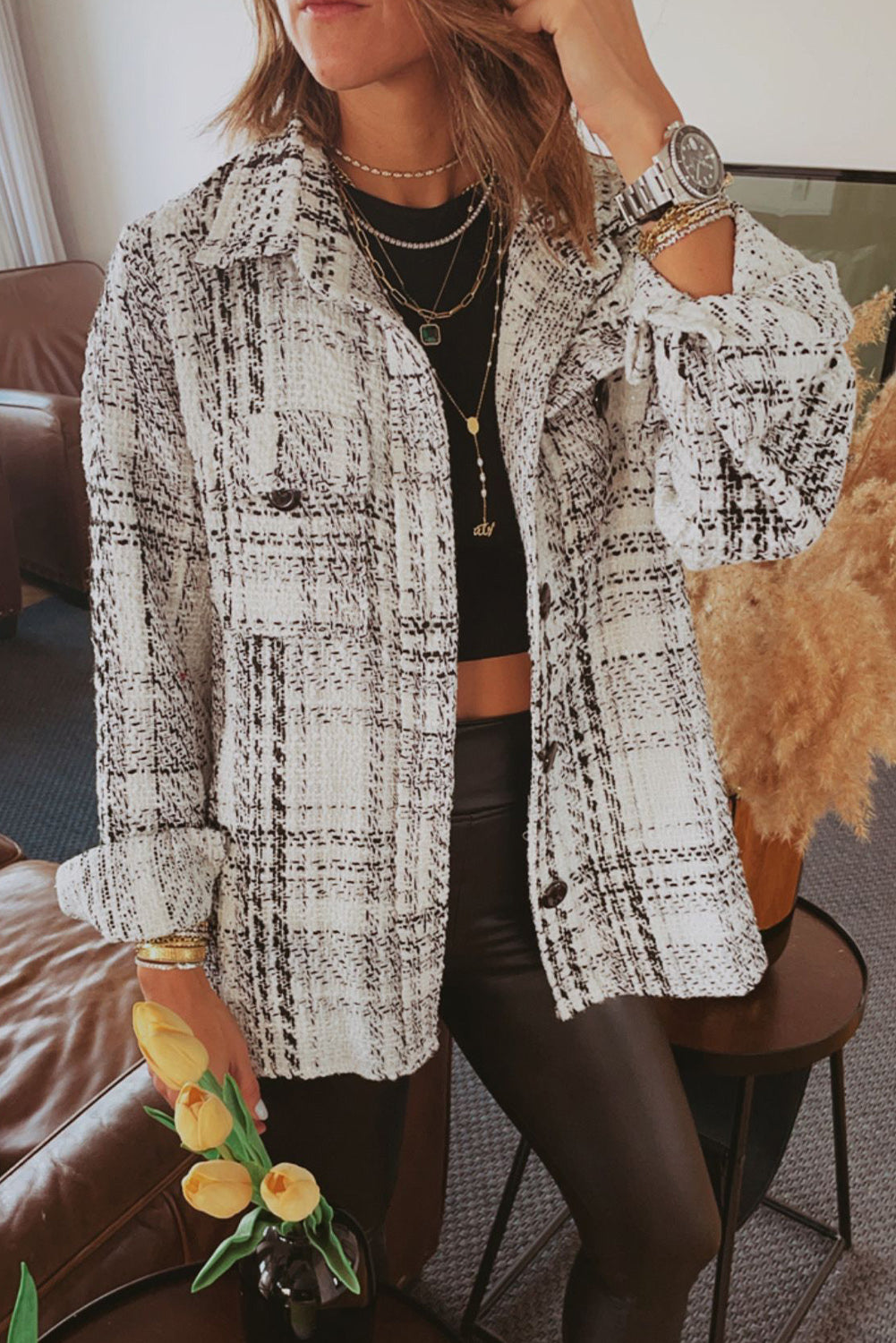 Plaid Print Pocketed Shirt Jacket