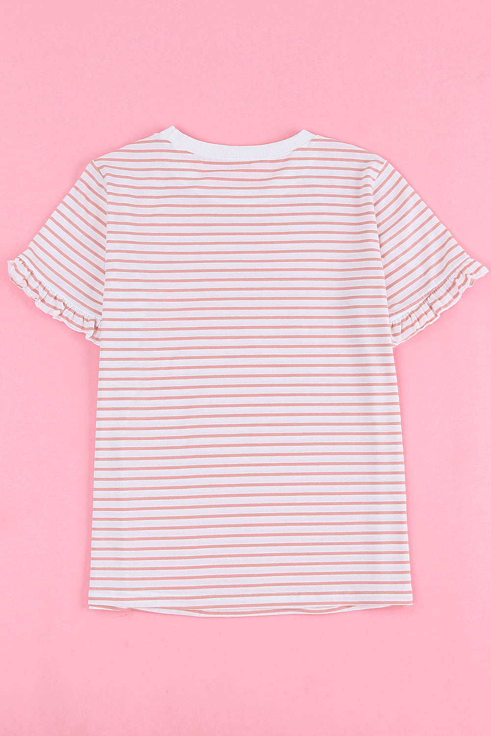 Pink Casual Striped Ruffle Sleeve Short Sleeve T-Shirt