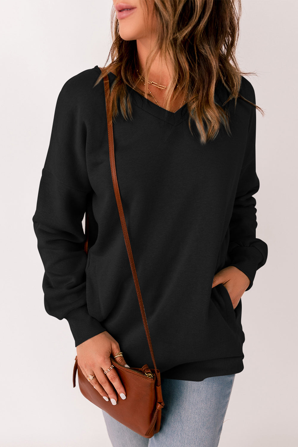 V Neck Drop Shoulder Sweatshirt with Pocket