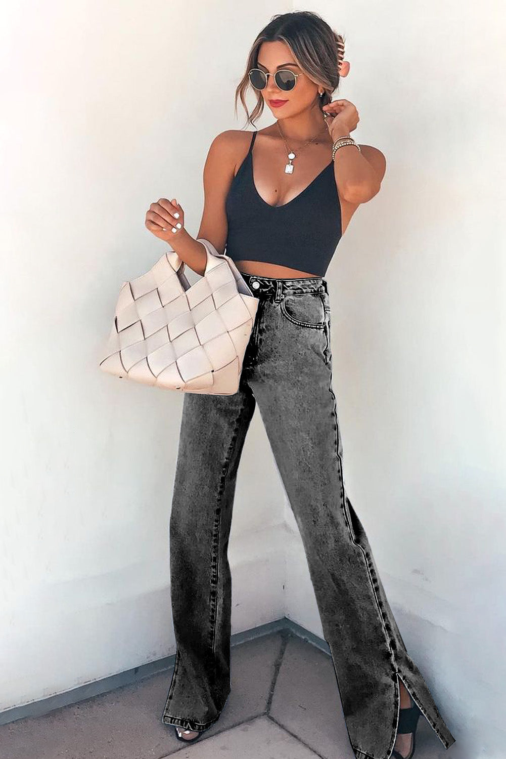 High Rise Slit Anklet Flare Jeans