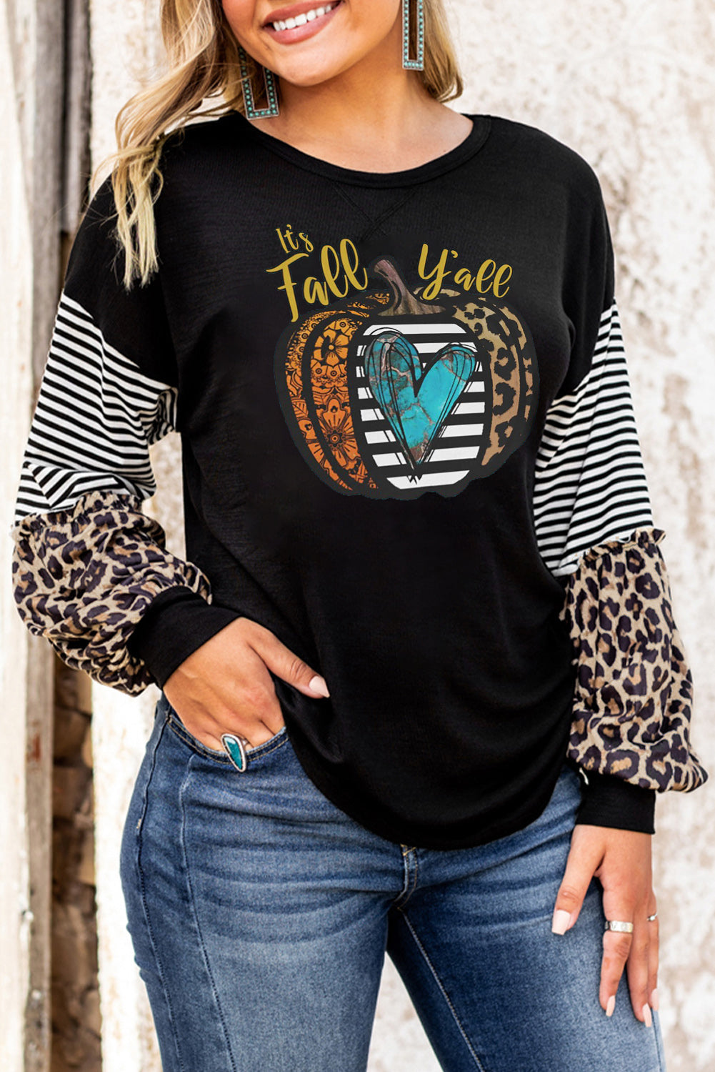 Fall Pumpkin Graphic Leopard Striped Sleeve Top