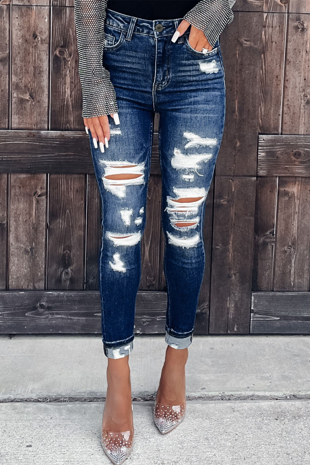Distressed Skinny Jeans with Slits