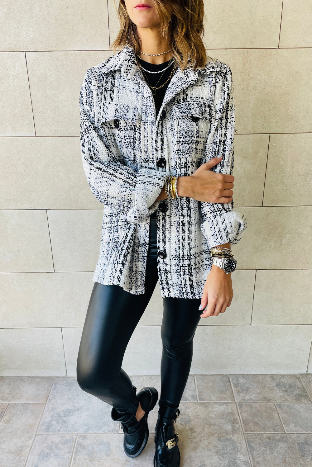 Plaid Print Pocketed Shirt Jacket