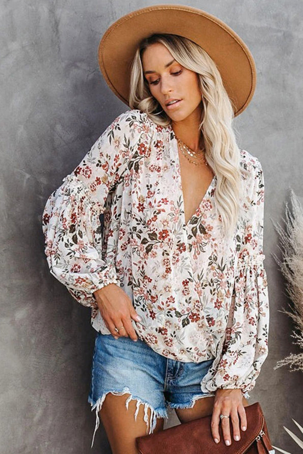 Multi-color Wrap V Neck Lantern Sleeve Floral Print Drape Blouse