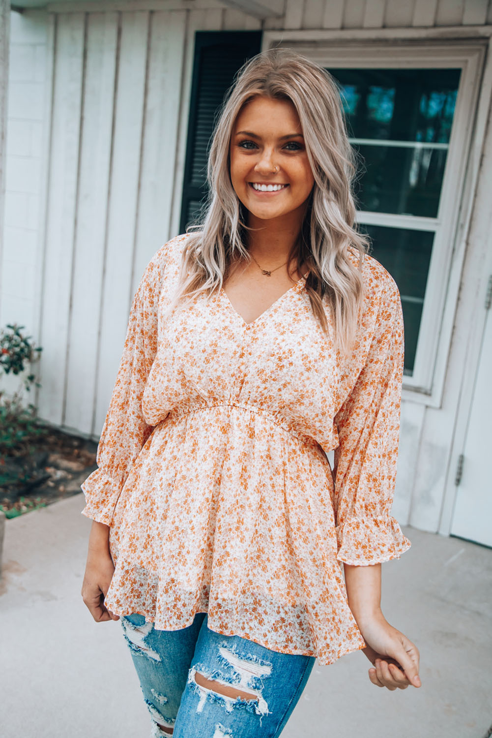 Floral Print V Neck Ruched Babydoll Blouse