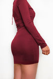 Long Sleeve Halter Square Neck Hollow-out Ruched Bodycon Mini Dress