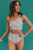 Multi Striped One Shoulder Bikini High Waist Swimsuit